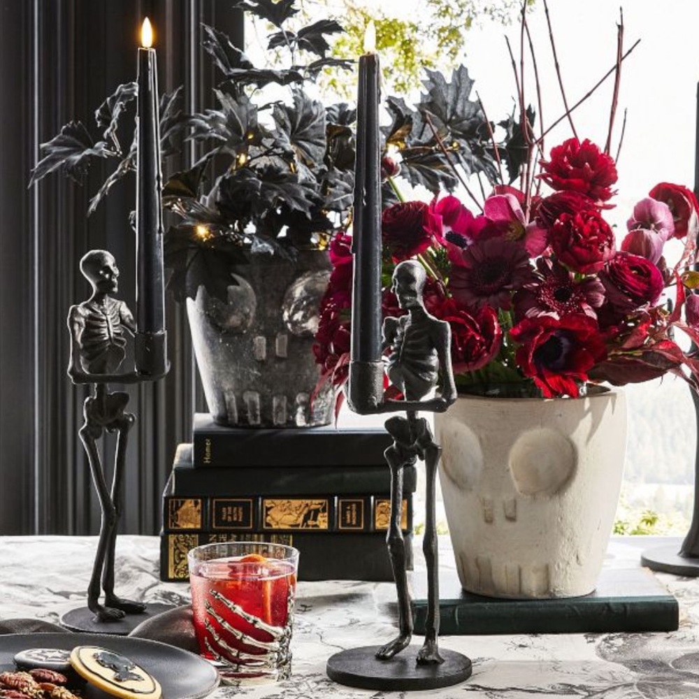 Pottery Barn Skeleton Taper Candle Holder Black Sold Out New In Box ☠️